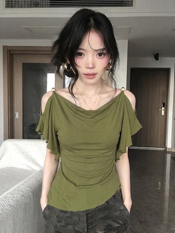 흔들다 칼라 프릴 오프숄더 티셔츠 여성 여름 착용 가져 가라. 품격 핫걸 바람 허리 수축 슬림해 보이는 맨위