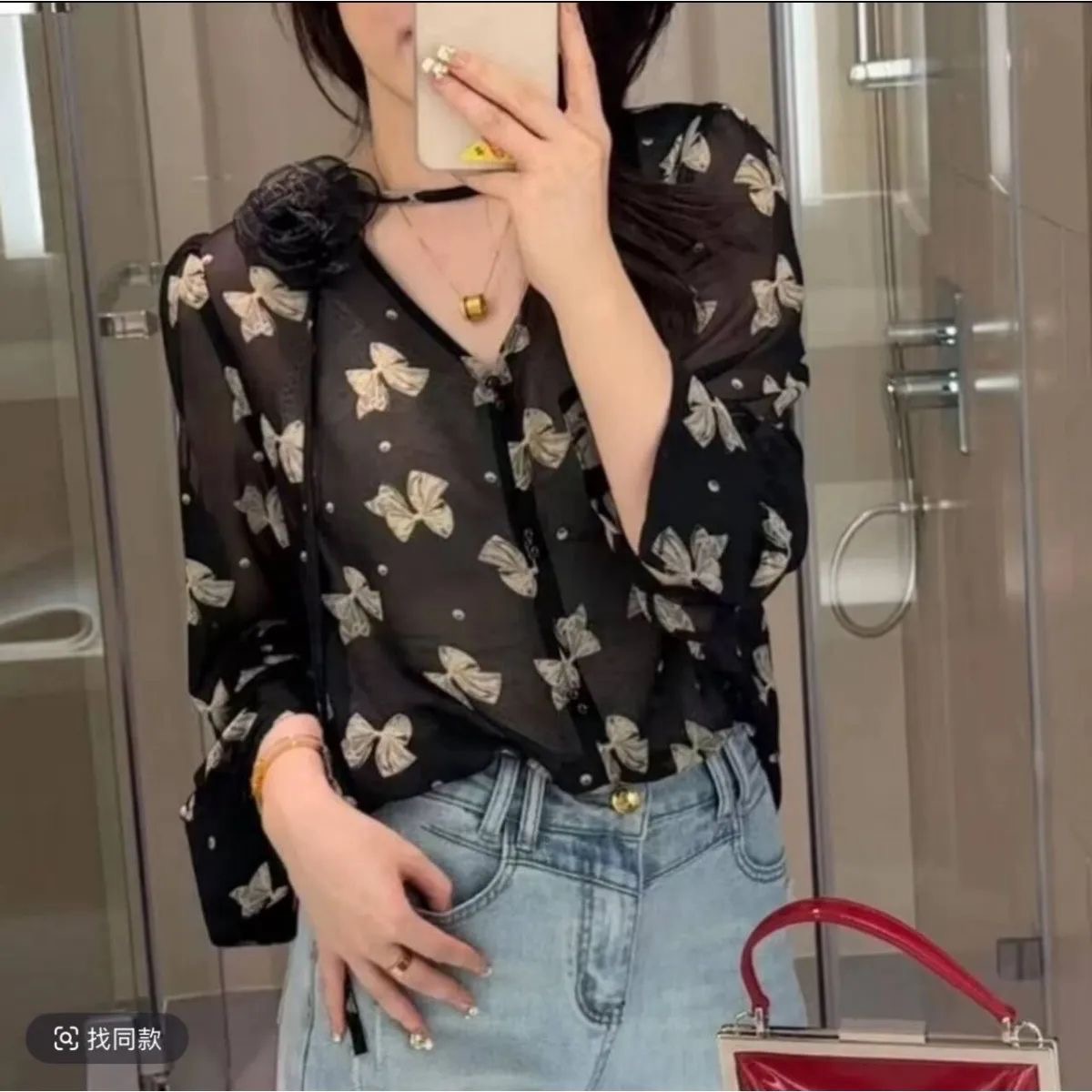 나비 프린트 V넥 리본 디자인 센스 품격 작은 셔츠 여성 2025 새로운 여름 ins 트렌디 자외선 차단 긴팔 셔츠