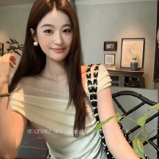 批发SE GENTLE<b class='q'>正品</b>夏季拼接交叉V领露肩短袖针织衫T恤女纯欲风上衣潮