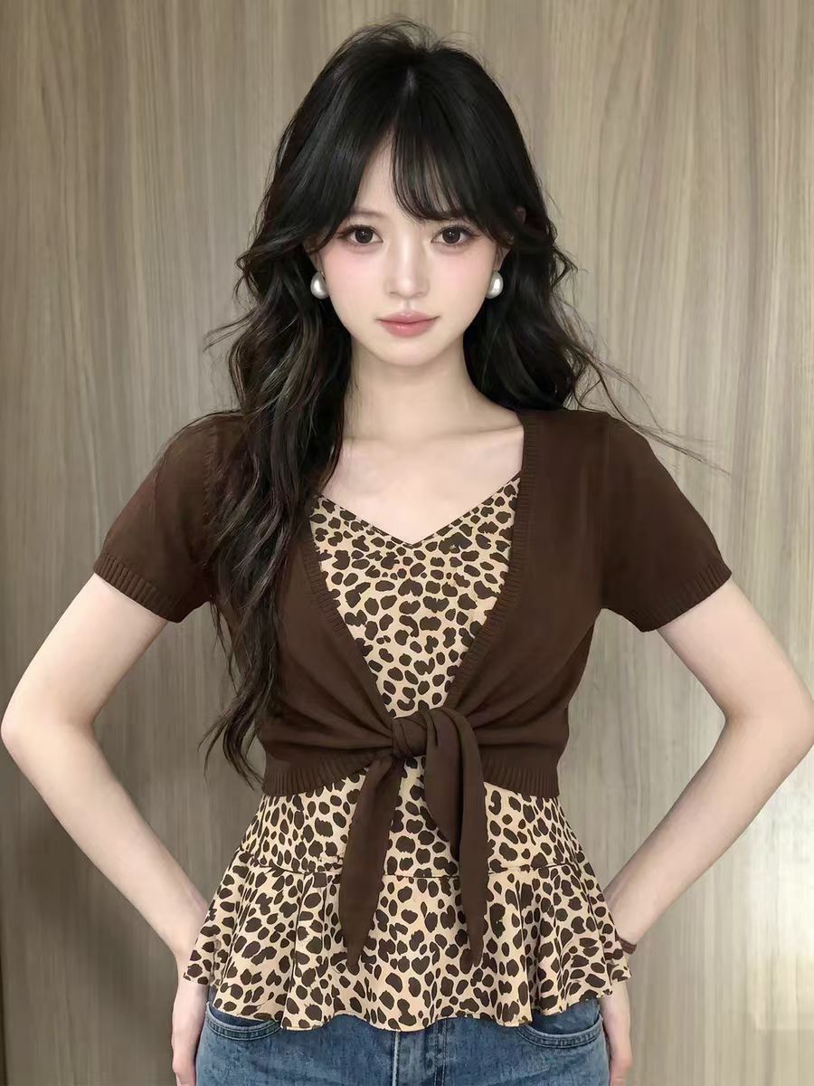 한 부서 스트랩 반팔 오픈 가디건 여성 여름 착용 가져 가라. 수 있습니다. 외출용 레오파드 무늬 캐미솔 핫걸 맨위 투피스 슈트