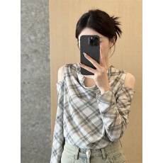 批发设计感露肩格纹<b class='q'>衬衫</b>女<b class='q'>长袖</b>宽松显瘦百搭通勤风上衣百搭上衣休闲