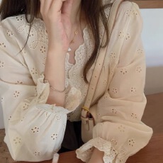 批发<b class='q'>韩国</b>ins简约蕾丝V领白色衬衫女宽松百搭长袖上衣显瘦