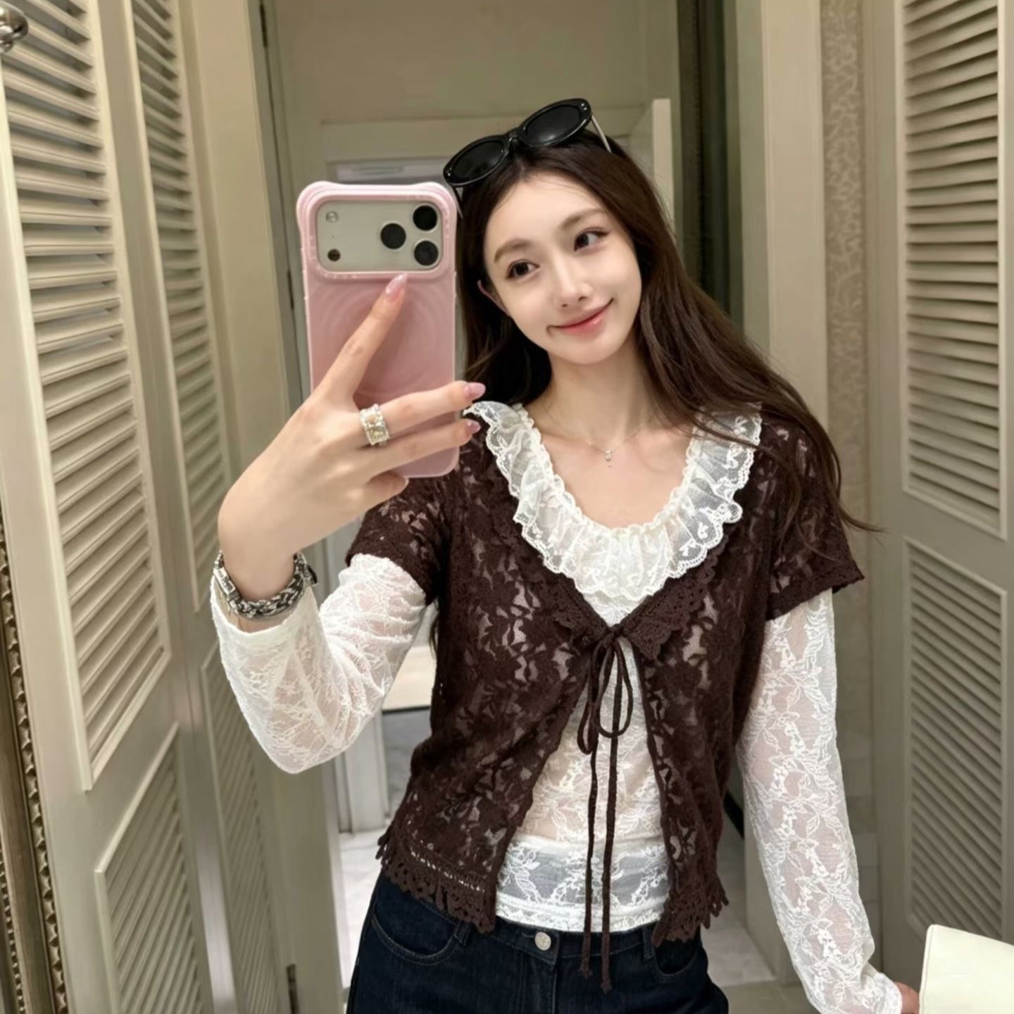 BY30957# 秋上新优雅复古温柔小衫+蕾丝衫超好看套装真两件套上衣 服裝批發女裝批發服飾貨源