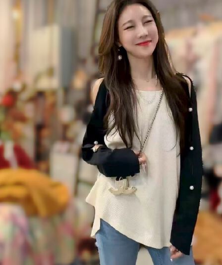 한 부서 작은 샤넬 스타일 페이크 레이어드 배색 패치워크 긴팔 니트 스웨터 티셔츠 여성 가을 겨울 기본 셔츠 오프숄더 맨위 트렌디