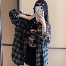 批发早秋美式复古oversize宽松<b class='q'>格子</b>衬衫外套式女春秋款重工烫钻衬衣潮