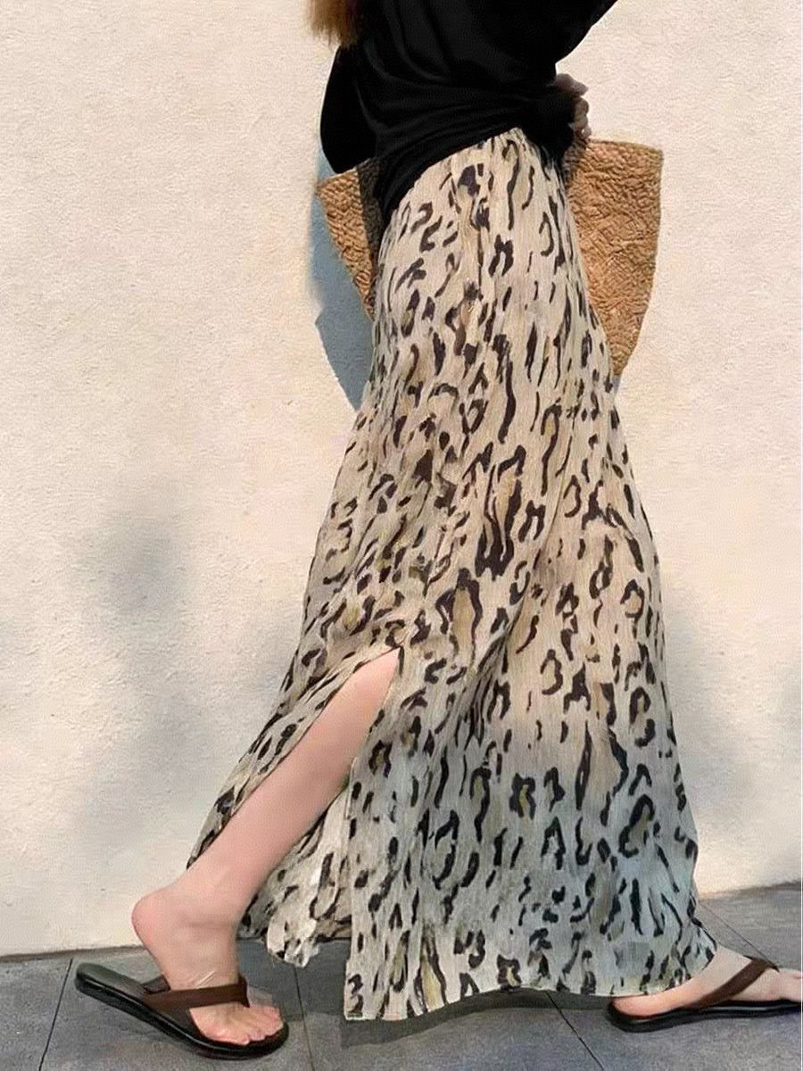 아름다운 자이언트 잘 생긴 ~ 중 치마 해변가 휴가 하이웨이스트 슬림해 보이는 레오파드 무늬 프린트 트임 한 마디 반신 스커트 여성 봄