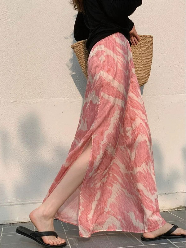 암소 x 물품 자이언트 버스트 핑크색 프린트 트임 반신 스커트 여성 가을 느긋한 루즈핏 슬림해 보이는 한 마디 중간 길이 스커트