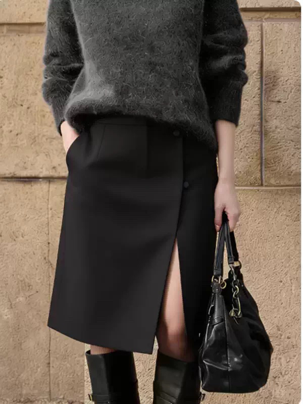 검정색 측면 트임 중간 스커트 반신 스커트 여성 2026 봄 새로운 하이웨이스트 품격 슬림해 보이는 다용도 출퇴근 반신 스커트