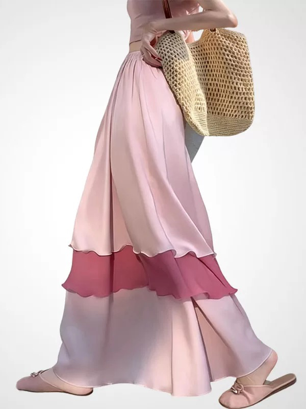 아름다운 자이언트 잘 생긴 ~ 중 휴가 바람 하이웨이스트 롱 스커트 품격 핑크색 프릴 패치워크 한 마디 새틴 반신 스커트 여성