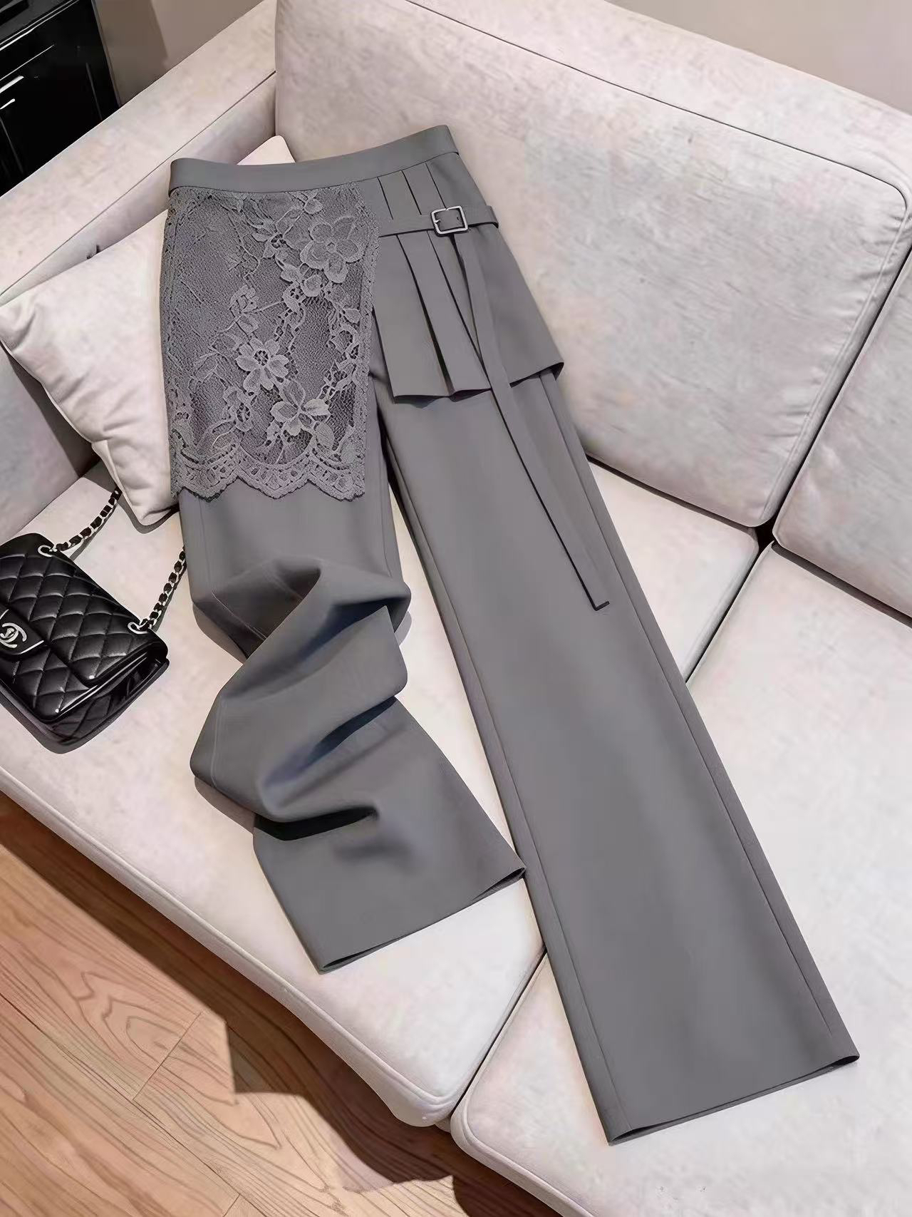 프랑스식 디자인 센스 회색 레이스 조각 페이크 레이어드 스트레이트 캐주얼 바지 여성 2026 올해 인기 다용도 긴 바지