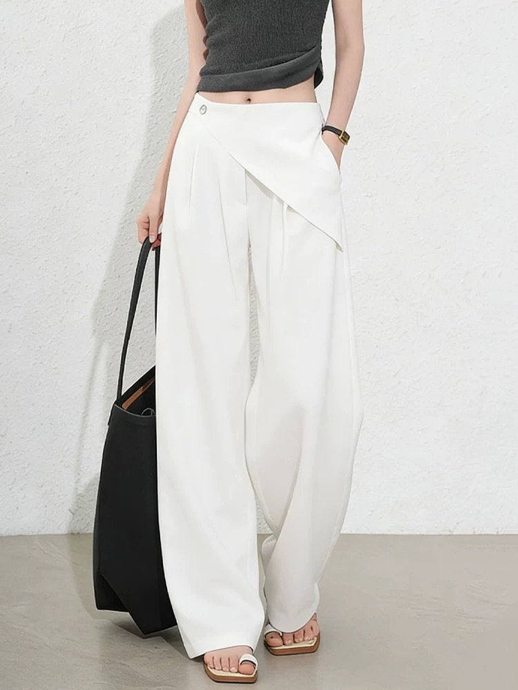 화이트 방귀 커튼 정장 바지 여성 2026 여름 새로운 출퇴근 우아함 바람 품격 한국 스타일 세련된 하이웨이스트 와이드 레그 팬츠