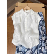 CHAO级穿搭！白色亚麻Polo领小飞袖衬衫女夏季新款老钱风显瘦衬衣