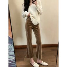 批发棕色金丝绒微喇裤女新款2026秋冬小个子修身休闲裤复古九分喇叭裤