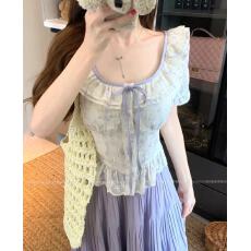 批发大码女装法式碎花刺绣方领上衣夏季胖m泡泡袖衬衫两件套裙装