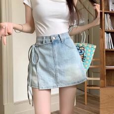 批发奶蓝色牛仔高腰短裙裤2026<b class='q'>春</b>夏新款设计感绑带显瘦A字裙子