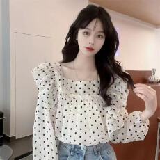 批发法式洋气设计感小众长袖荷叶边<b class='q'>波点</b>雪纺<b class='q'>衬衫</b>女春季2026新款小上衣