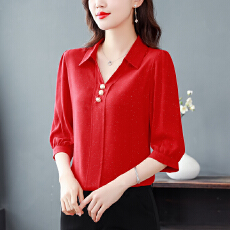 批发2026夏新款时尚轻薄款中袖雪纺衫宽松减龄V领<b class='q'>妈妈</b>装雪纺衬衫