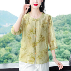 批发妈妈夏装洋气天丝棉麻衬衫新款宽松新中式<b class='q'>中老年</b>女真丝圆领小衫