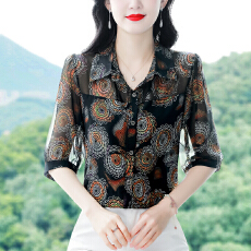 批发印花桑蚕丝雪纺衬衫女上衣2026夏新款女士印花气质显瘦衬衣<b class='q'>中袖</b>女