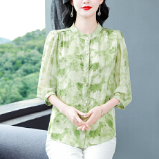 批发中年妈妈立领印花开衫2026夏季新款七分袖雪纺衬衫女气质衬衣上衣