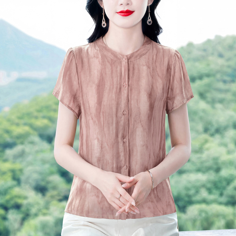 우아함 미니멀리즘 엄마 여름 드레스 실크 공단 자카드 얇고 가벼운 반팔 셔츠 여성 작은 키 라운드 넥 오픈 가디건 외국 가스 맨위