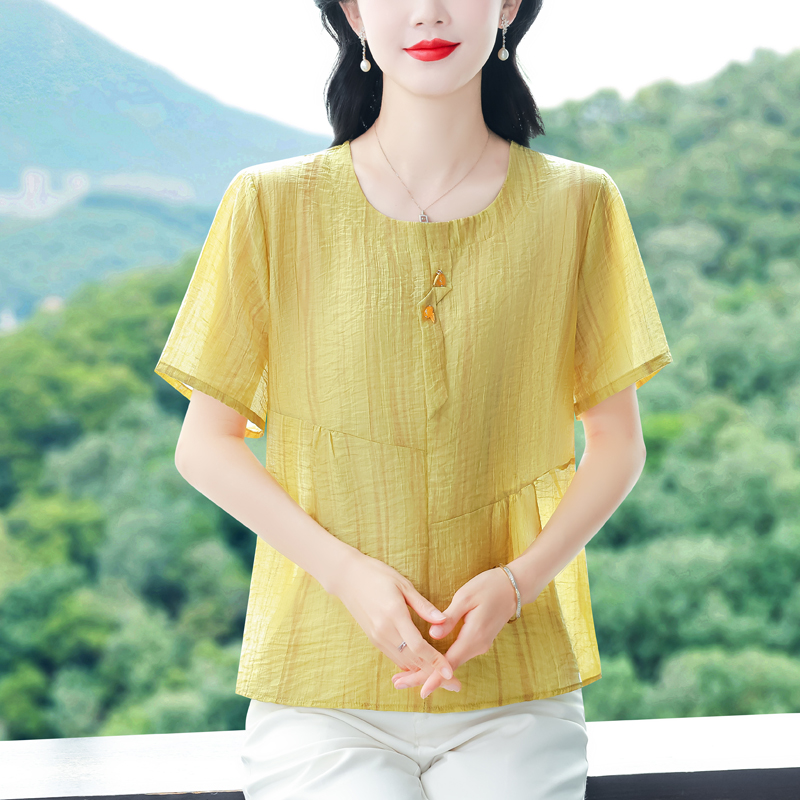 2026 새로운 여름 드레스 주간 실크 면 린넨 반팔 패션 외국 가스 얇은 스타일 중년 및 고령자 여성 의류 라운드 넥 작은 셔츠 맨위