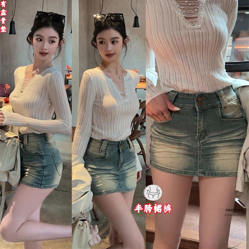 펭 넓적 다리 치마바지 워싱 새로운 파란색 반신 데님 미니 스커트 여성 하이웨이스트 A라인 스커트 타이트 타이트 스커트 노출 방지