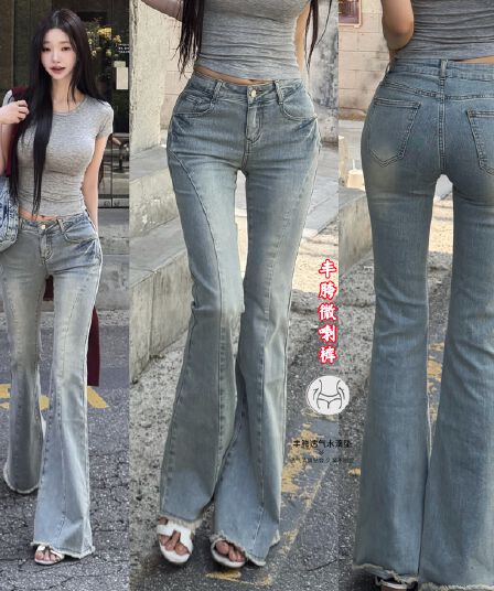 한국 스타일 아름다움 넓적 다리 신축성 부츠컷 하늘색 거친 가장자리 청바지 여성 슬림해 보이는 몸매 가꾸기