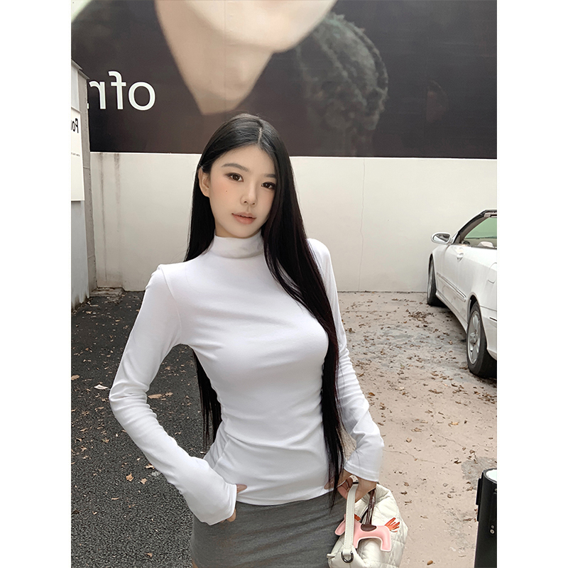 实拍-白色半高领打底衫女内搭修身显瘦长袖t恤上衣