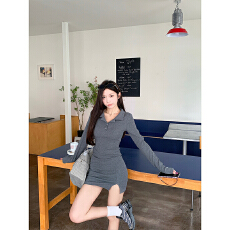 批发<b class='q'>纯棉</b>灰色polo领长袖<b class='q'>连衣裙</b>修身显瘦开叉包臀短裙子