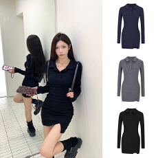 批发<b class='q'>纯棉</b>灰色polo领长袖<b class='q'>连衣裙</b>修身显瘦开叉包臀短裙子