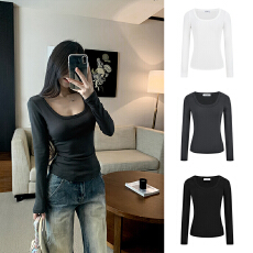 批发实拍。加绒加厚纯色基础款打底衫秋冬内搭方领正肩长袖t恤上衣