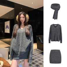 批发实拍、套装秋季2025超火减龄灰色一整套高级感针织三件套毛衣