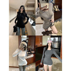 批发加绒加厚纯色基础款<b class='q'>打底衫</b>秋冬内搭方领正肩长袖t恤上衣