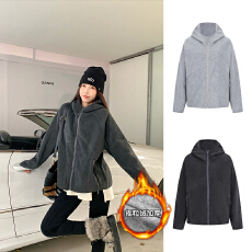 批发灰色摇粒绒加厚连帽卫衣外套慵懒宽松<b class='q'>开衫</b>上衣