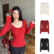 批发红色麻花短款内搭打底针织衫女秋冬<b class='q'>修身</b>小个子毛衣上衣