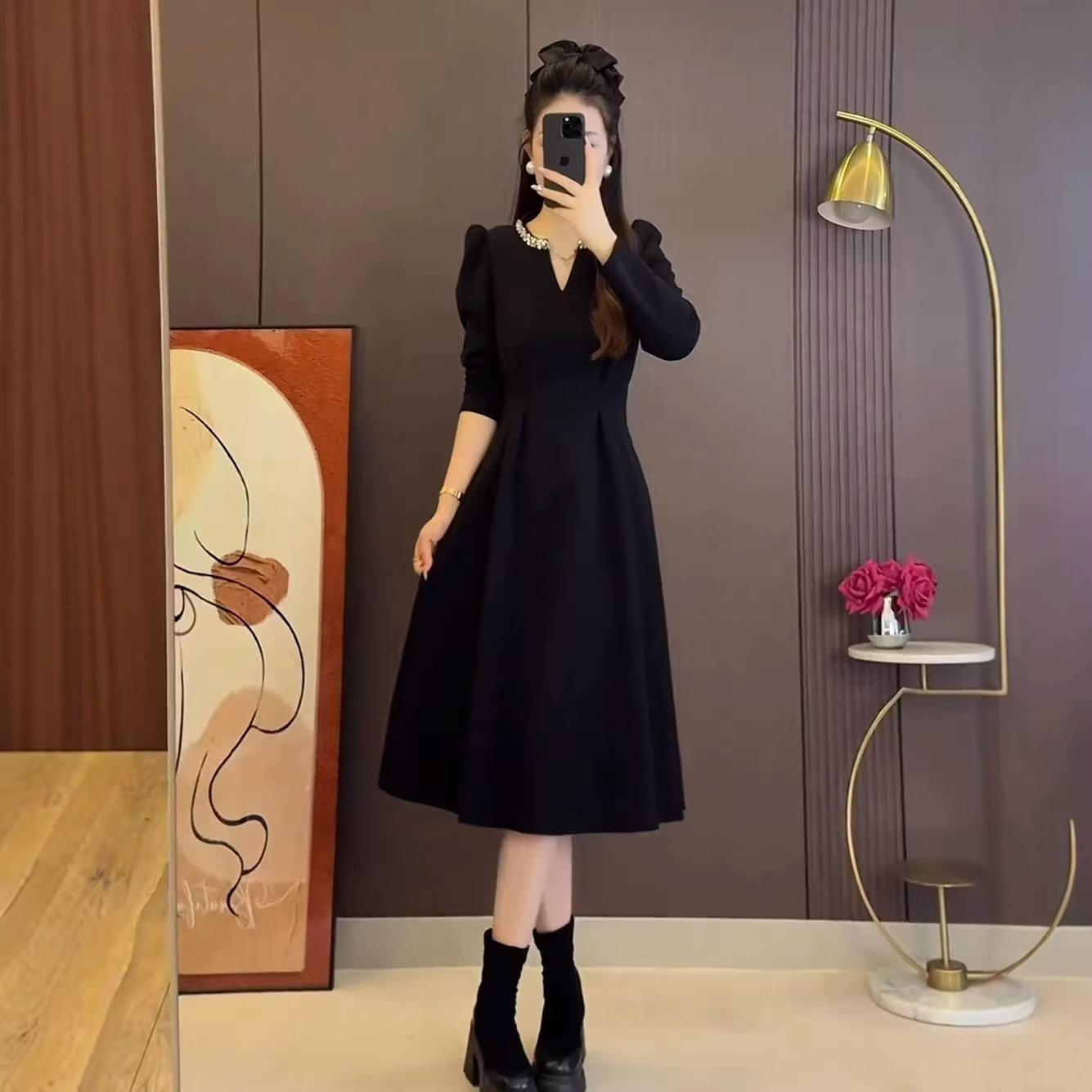 빅 사이즈 V넥 핫픽스 기본 스커트 빛 요리 한 미니멀리즘 바람 검정색 드레스 허리 수축 슬림해 보이는 품격 그는 벤 작은 검은 드레스
