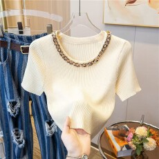 批发实拍欧货针织衫女短袖<b class='q'>夏</b>2023年新款洋气重工别致短款上衣打底衫女