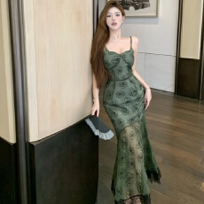 实拍实价~幽灵少女新中式中国风别致绿色吊带连衣裙艺术感高级感