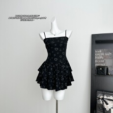 批发荆棘心 暗黑Doll感少女<b class='q'>印花</b>收腰显瘦抹胸裙超短蓬蓬裙连衣裙
