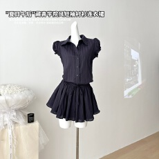 批发SunsetPark日落公园藏青学院风短袖衬衫收腰连衣裙