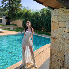 批发法式超仙纯欲荷叶边收腰拼接吊带连衣裙女<b class='q'>夏</b>小众修身显瘦不规则裙