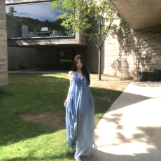 批发海岛度假穿搭设计感氛围感蓝色花朵挂脖露背小众褶皱高级感连衣裙