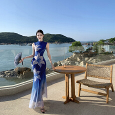 批发蓝田玉暖新中式复古印花修身无袖渐变蓝色小众旗袍鱼尾长裙<b class='q'>连衣裙</b>