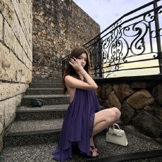 批发清冷仙气紫色法式性感露背V领无袖<b class='q'>连衣裙</b>气质雪纺纯欲吊带上衣女