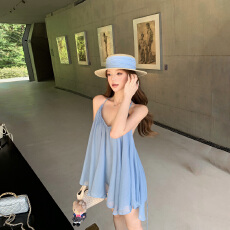 批发清冷仙气蓝色法式性感露背V领无袖<b class='q'>连衣裙</b>气质雪纺纯欲吊带上衣女
