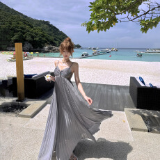 批发名媛重工高级感镶钻V领露背吊带裙生日礼服收腰大摆压褶连衣裙女