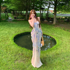 批发海边纯欲度假风夏日绝美印花抹胸网纱吊带连衣裙女夏显瘦海边<b class='q'>长裙</b>