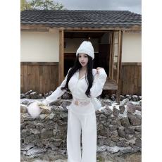 批发实拍实价  蕾丝拼接针织吊带白色休闲开衫卫衣<b class='q'>宽松</b>卫裤套装