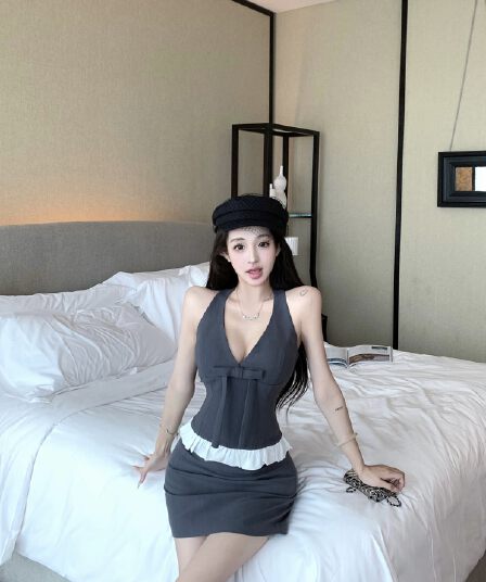 실사 정가 순수한 욕망 고급 센스 세트 핫걸 행침 목 패치워크 맨위 미니 스커트 투피스 세트